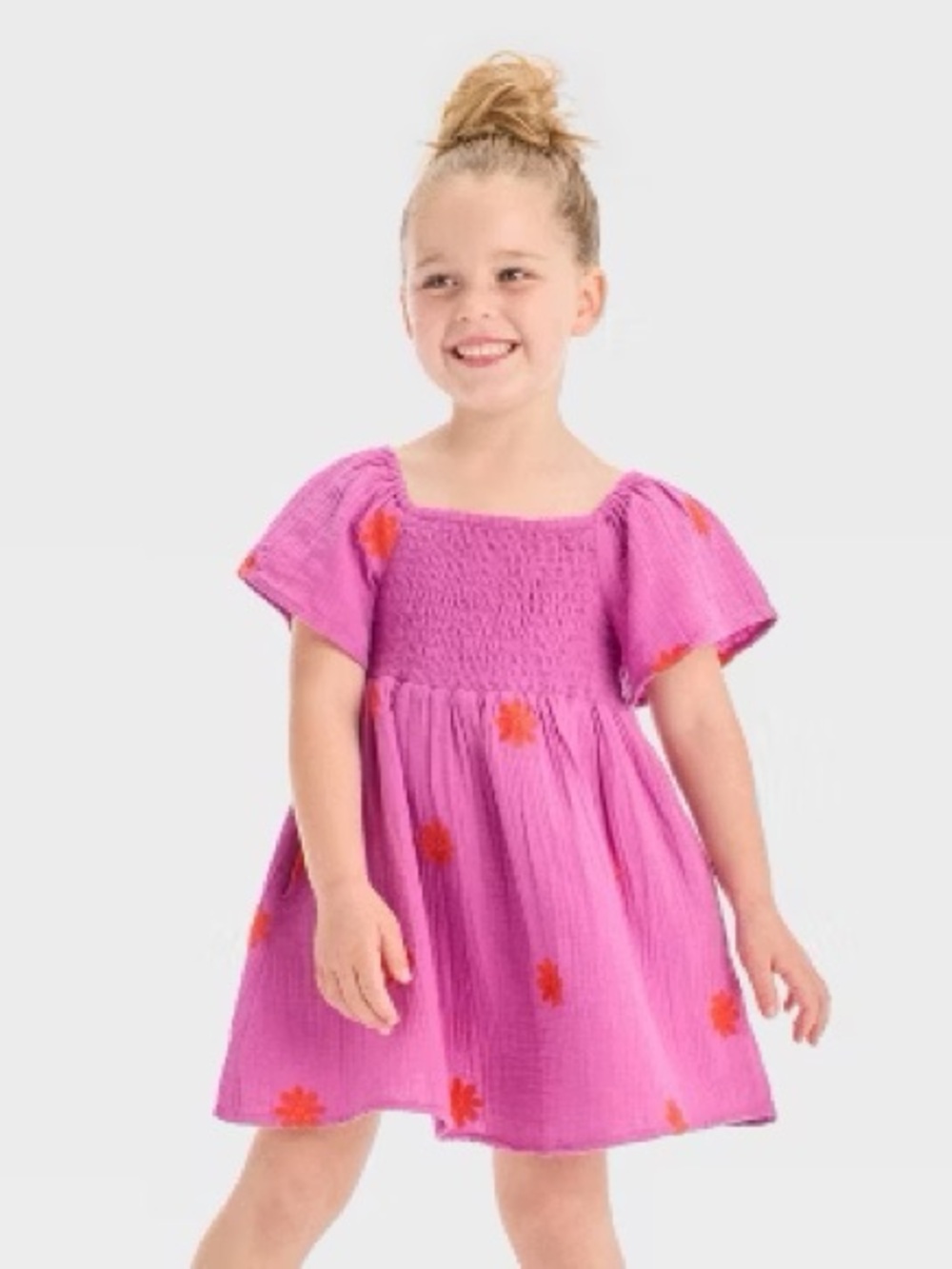 Cat & Jack Pink Smocked Square-Neck Dress with Orange Floral Details